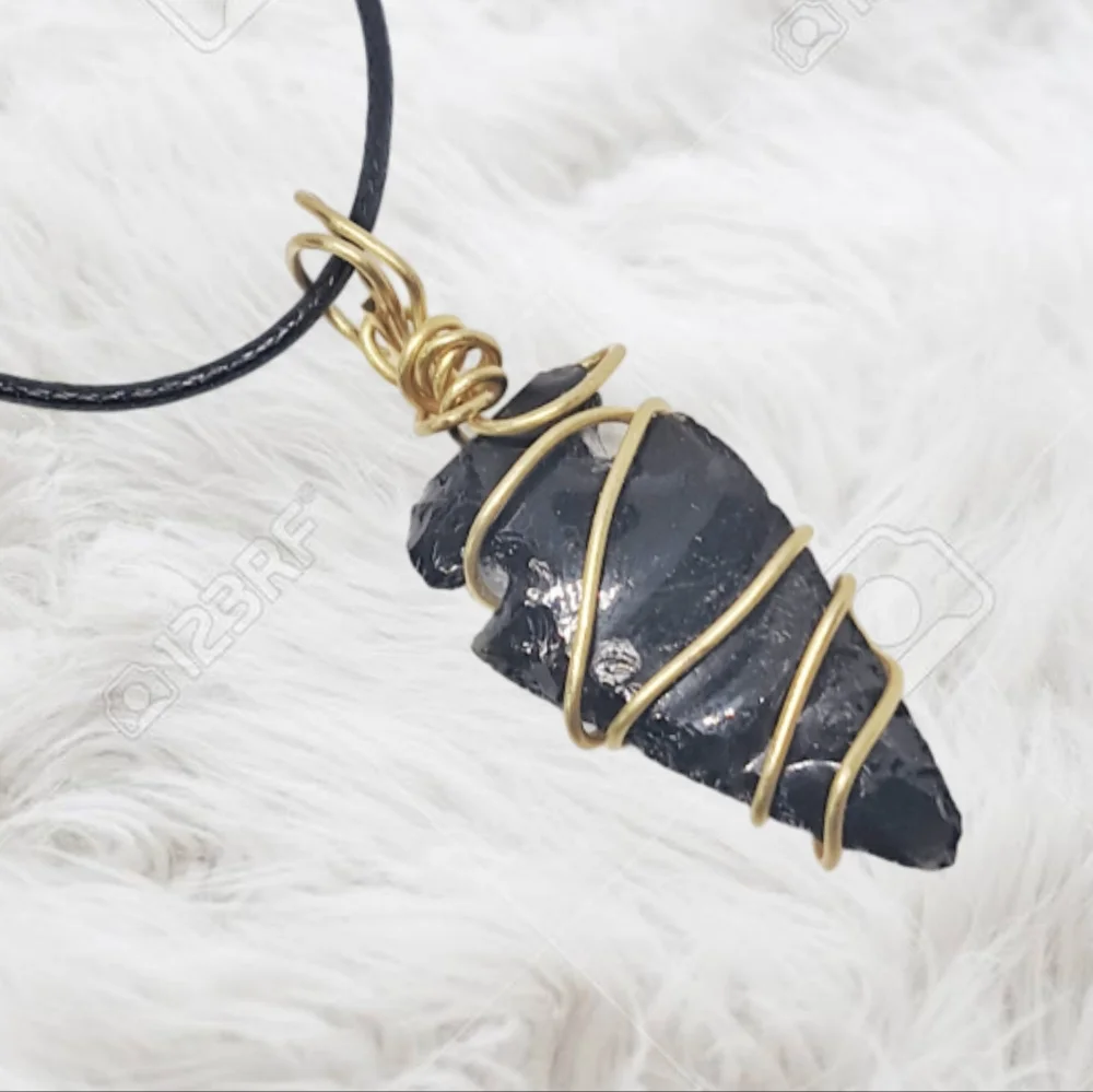 Hand-Wired Obsidian Arrowhead Pendant with Black Adjustable Cord.